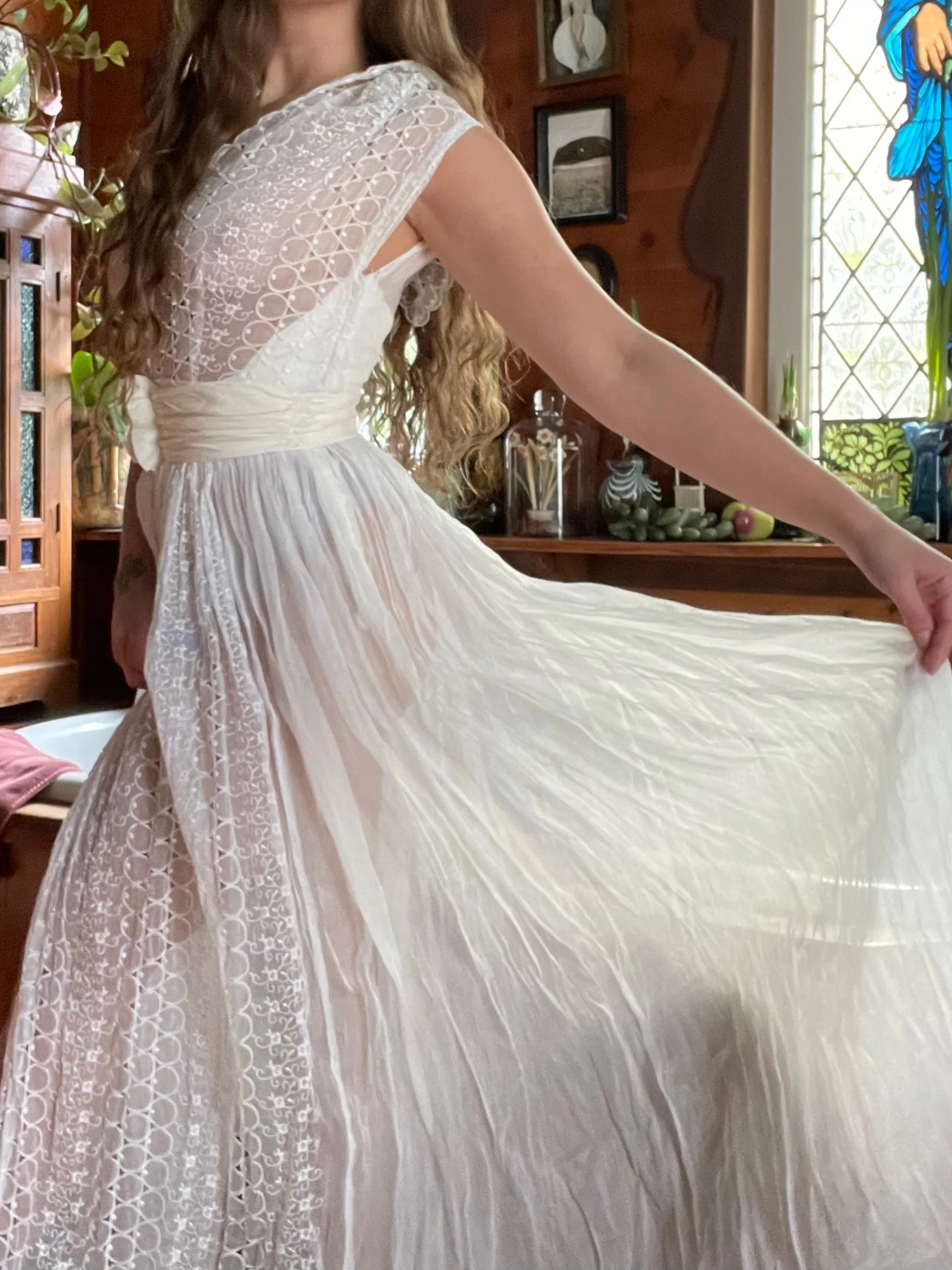 1940s Eyelet Organza Split Skirt Wedding Gown