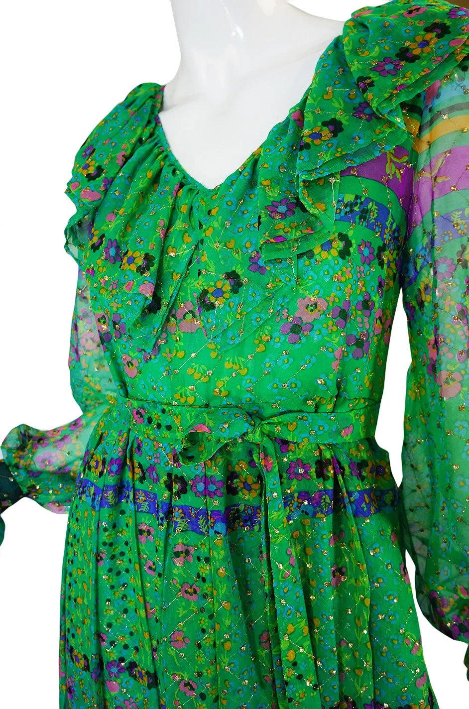1960s Silk Chiffon with Gold Maxi Dress