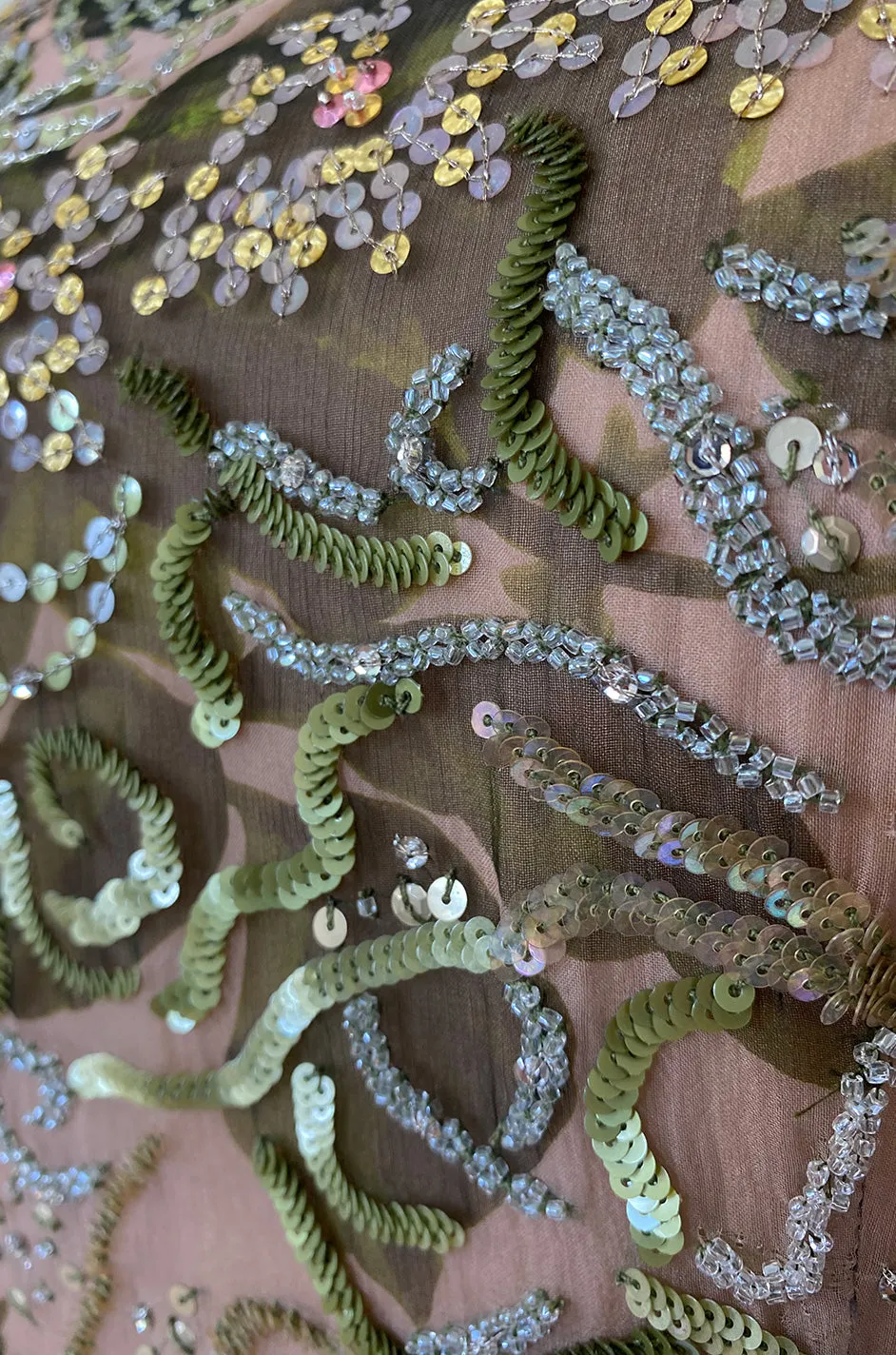 1980s Oscar de la Renta Sequin Detailed Trained Floral Silk Chiffon Dress