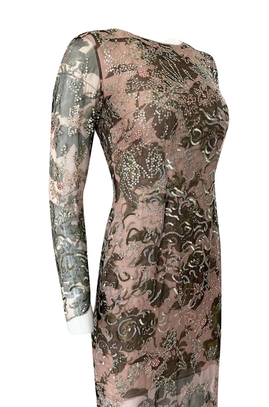 1980s Oscar de la Renta Sequin Detailed Trained Floral Silk Chiffon Dress