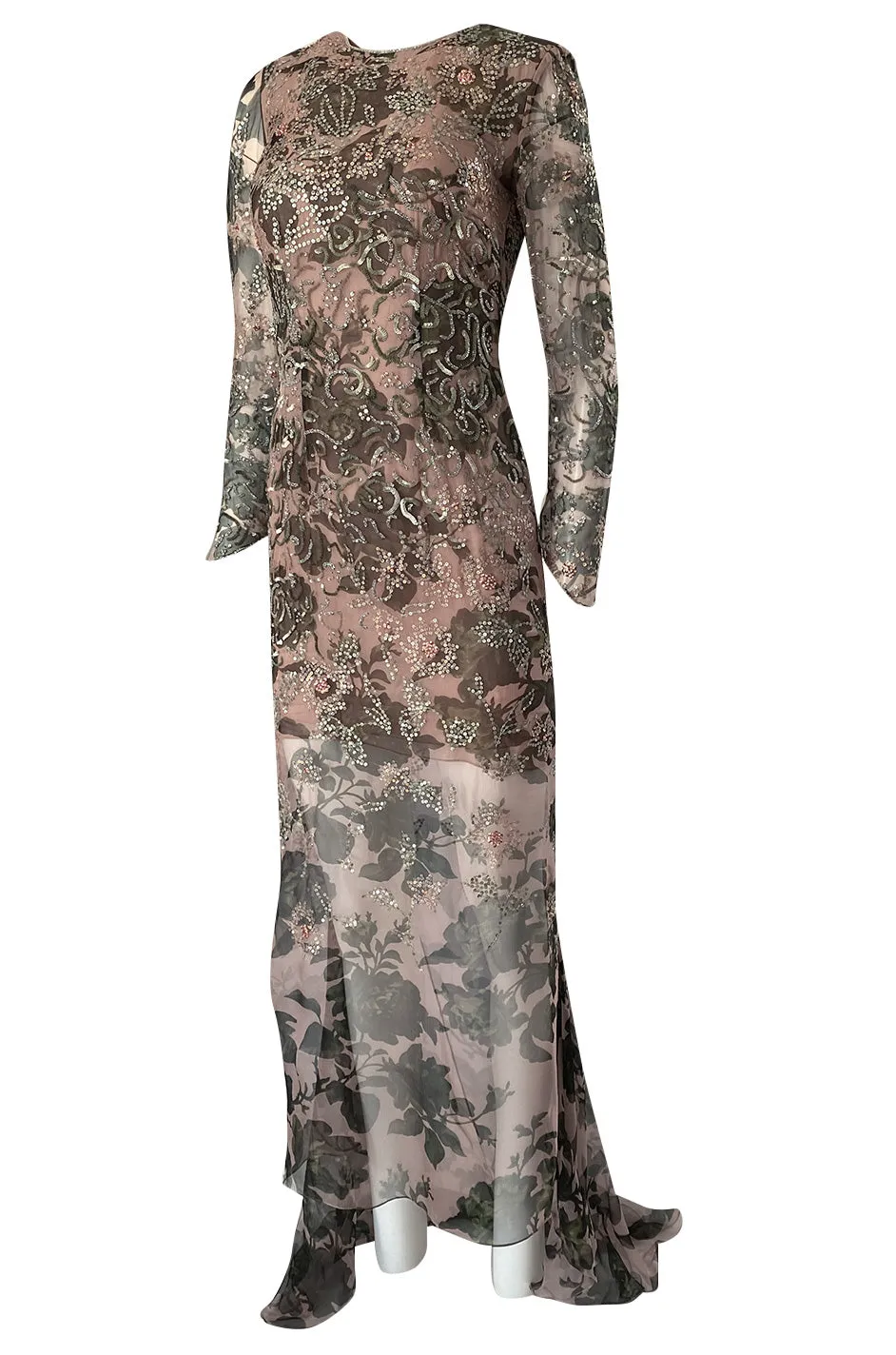 1980s Oscar de la Renta Sequin Detailed Trained Floral Silk Chiffon Dress