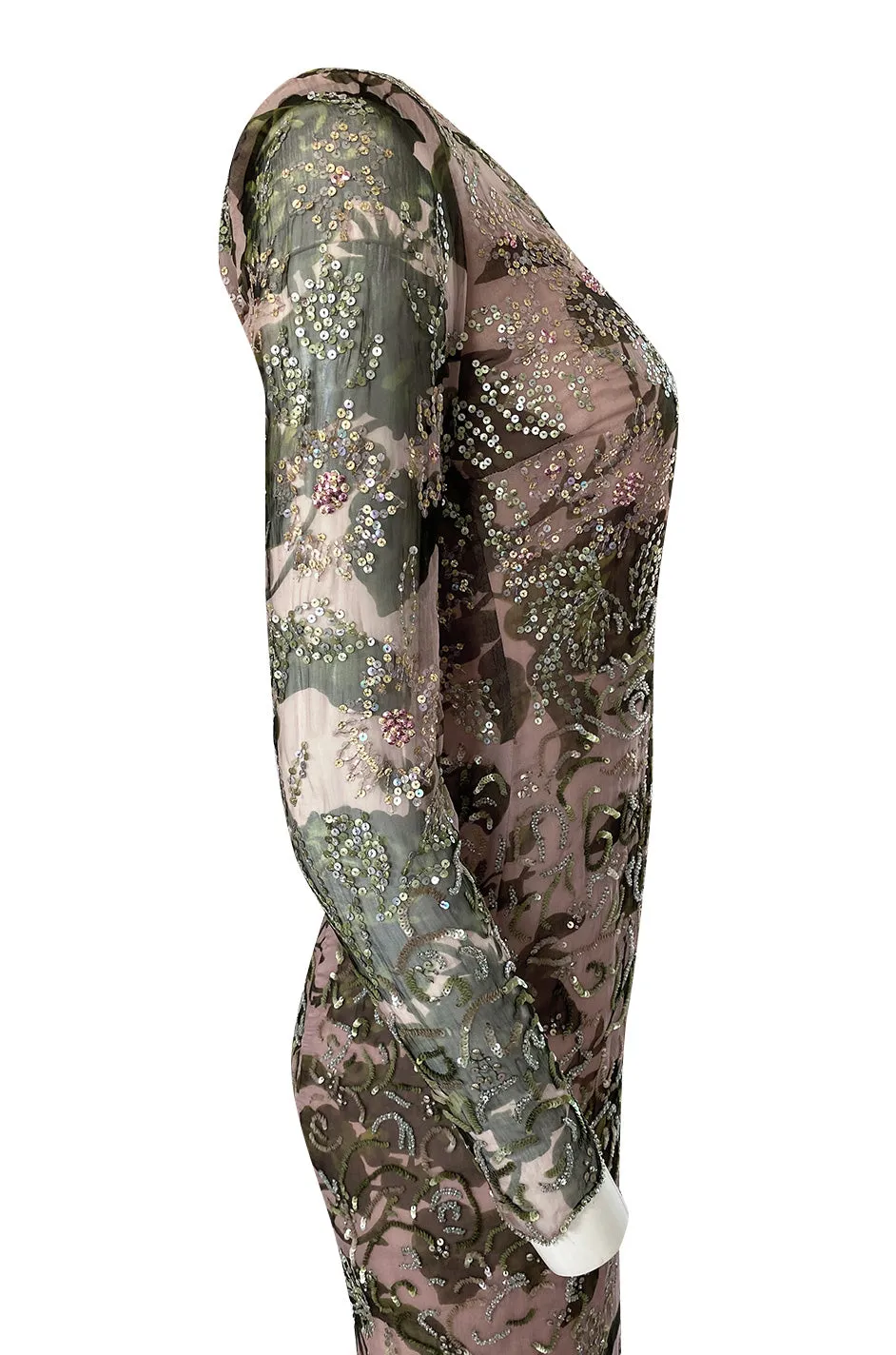 1980s Oscar de la Renta Sequin Detailed Trained Floral Silk Chiffon Dress