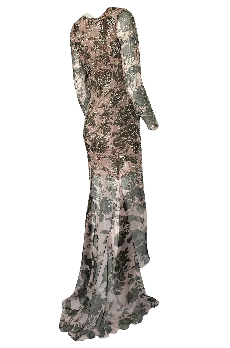 1980s Oscar de la Renta Sequin Detailed Trained Floral Silk Chiffon Dress