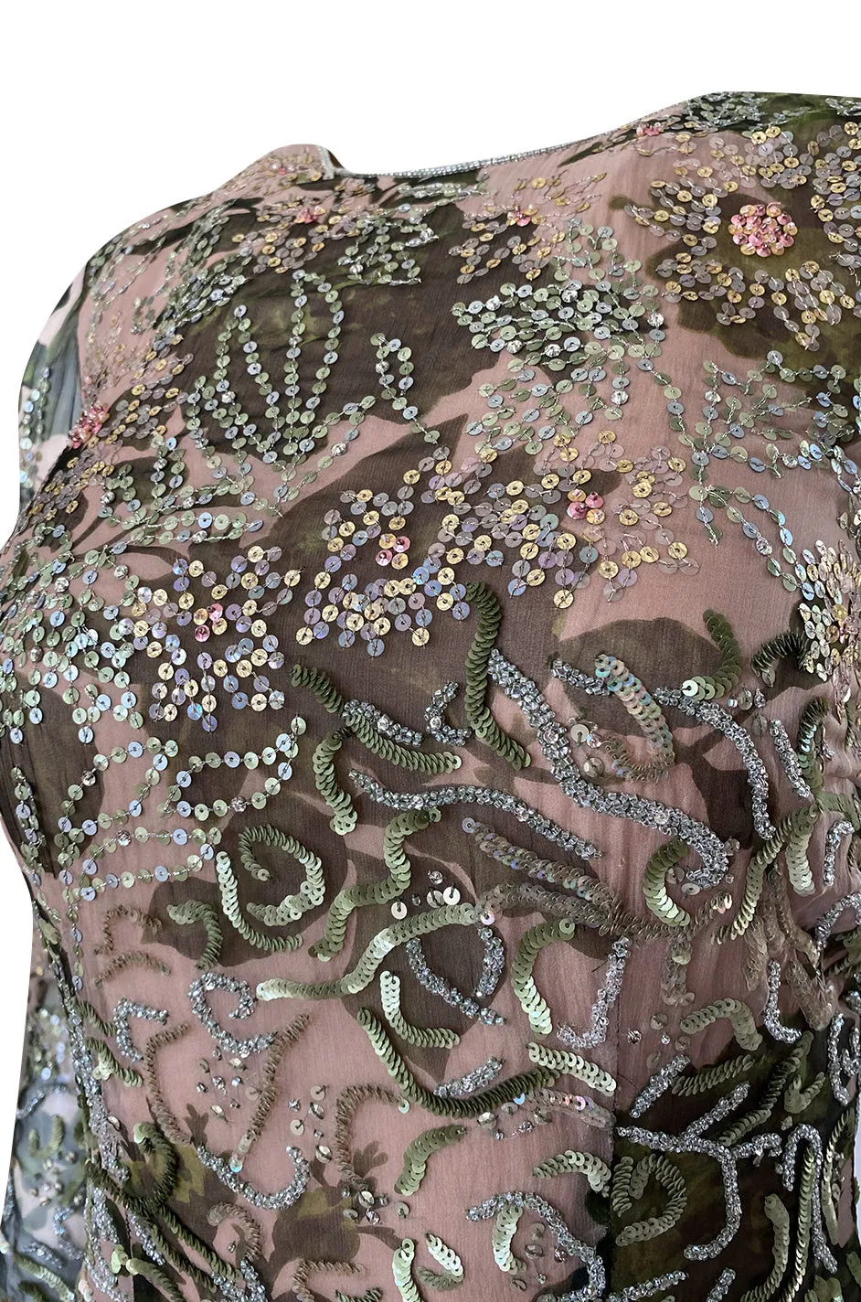 1980s Oscar de la Renta Sequin Detailed Trained Floral Silk Chiffon Dress