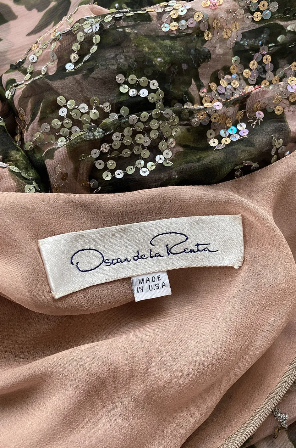 1980s Oscar de la Renta Sequin Detailed Trained Floral Silk Chiffon Dress
