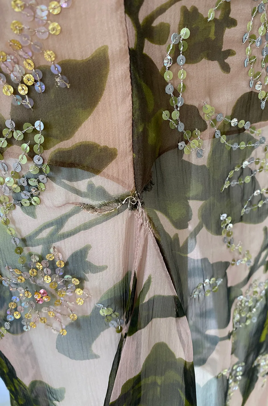 1980s Oscar de la Renta Sequin Detailed Trained Floral Silk Chiffon Dress
