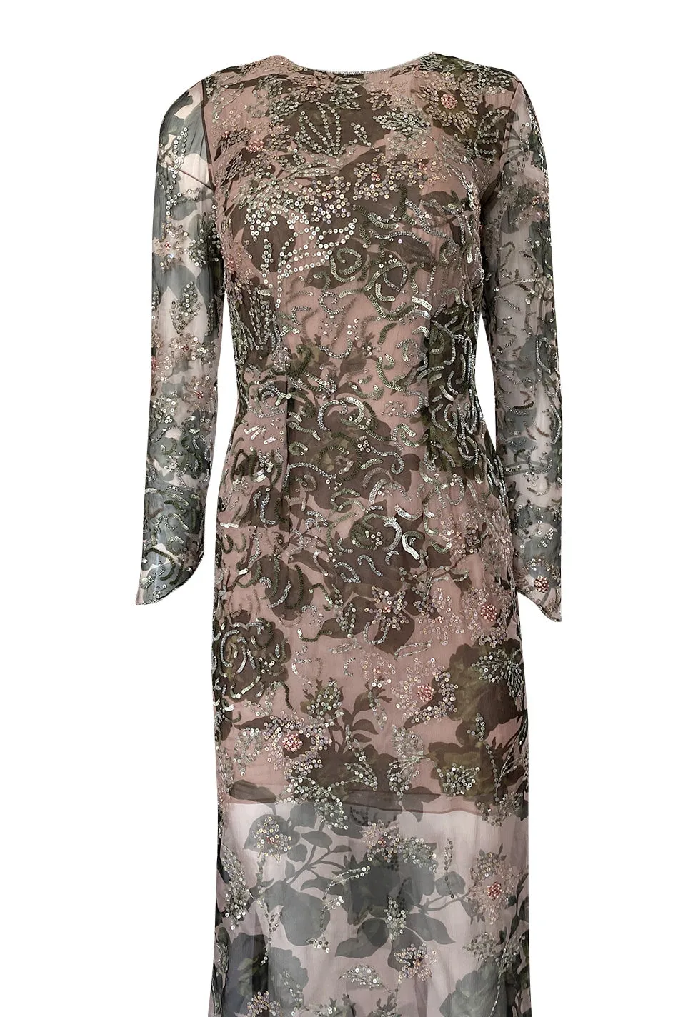 1980s Oscar de la Renta Sequin Detailed Trained Floral Silk Chiffon Dress