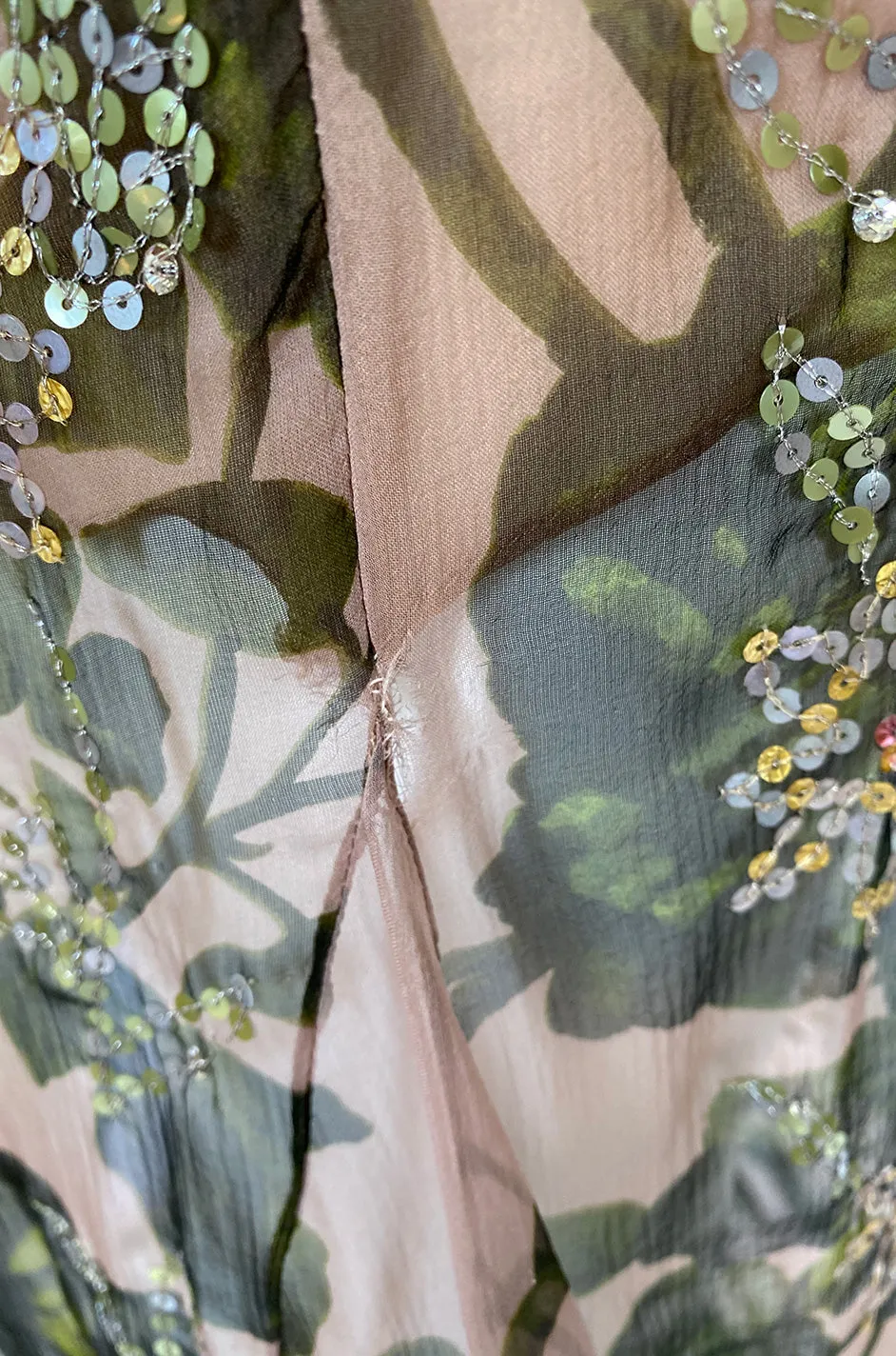 1980s Oscar de la Renta Sequin Detailed Trained Floral Silk Chiffon Dress