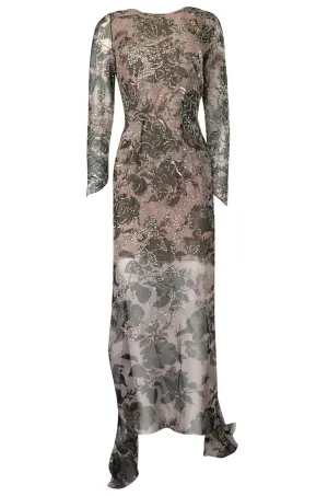 1980s Oscar de la Renta Sequin Detailed Trained Floral Silk Chiffon Dress