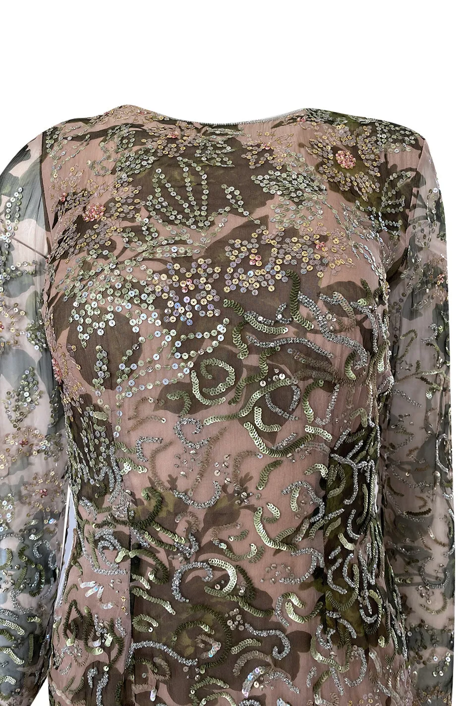 1980s Oscar de la Renta Sequin Detailed Trained Floral Silk Chiffon Dress