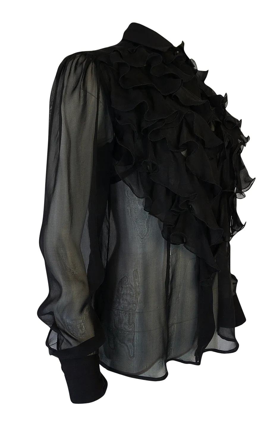1990s D&G Dolce & Gabbana Semi-Sheer Black Chiffon Ruffle Top