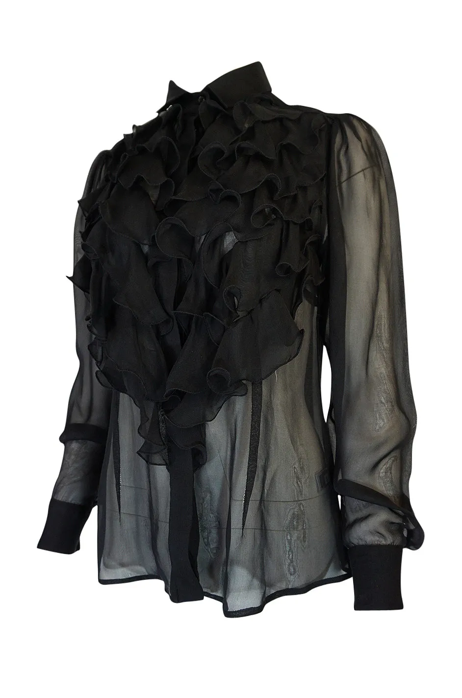 1990s D&G Dolce & Gabbana Semi-Sheer Black Chiffon Ruffle Top