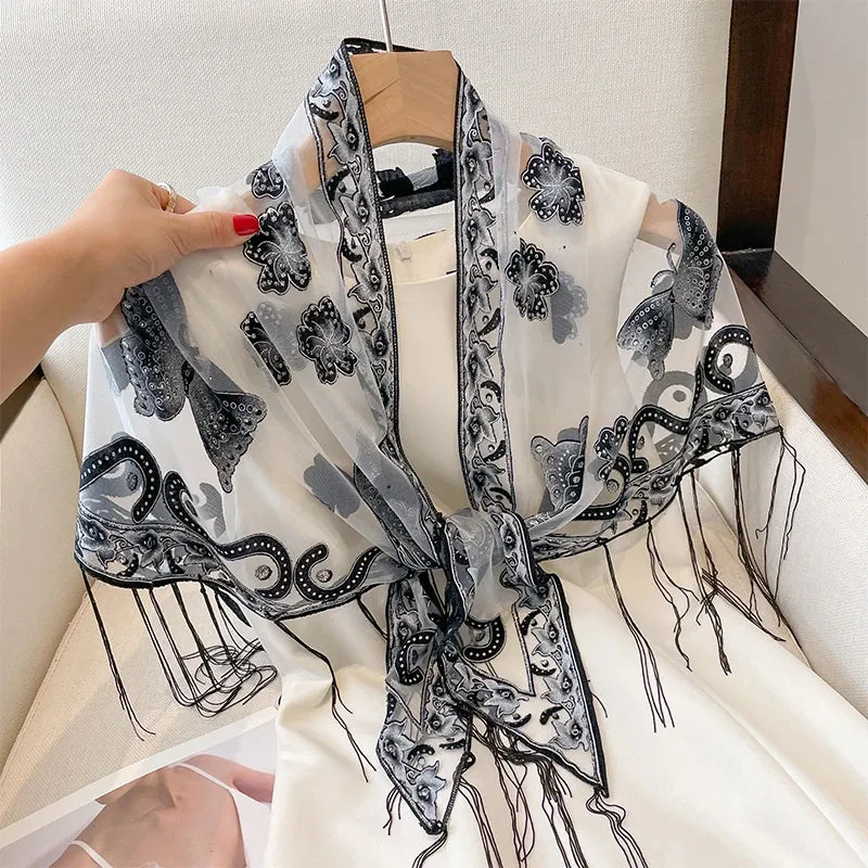 2023 New Women Solid Color Triangle Lace Scarf Shawls Fringe Butterfly Elegant Sheer Hollow Wraps Hijab Headband Scarves