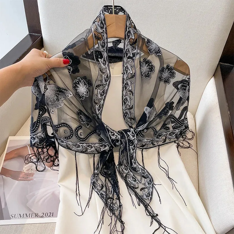 2023 New Women Solid Color Triangle Lace Scarf Shawls Fringe Butterfly Elegant Sheer Hollow Wraps Hijab Headband Scarves