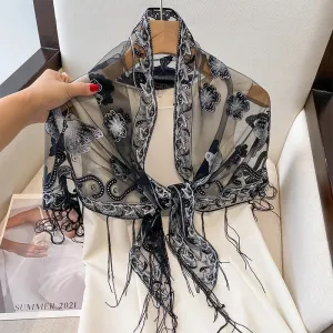 2023 New Women Solid Color Triangle Lace Scarf Shawls Fringe Butterfly Elegant Sheer Hollow Wraps Hijab Headband Scarves
