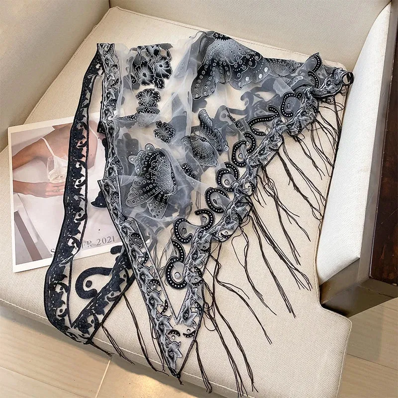 2023 New Women Solid Color Triangle Lace Scarf Shawls Fringe Butterfly Elegant Sheer Hollow Wraps Hijab Headband Scarves