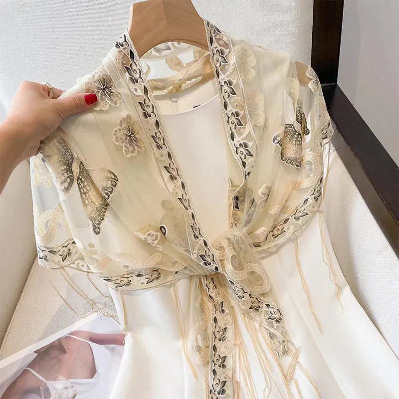 2023 New Women Solid Color Triangle Lace Scarf Shawls Fringe Butterfly Elegant Sheer Hollow Wraps Hijab Headband Scarves