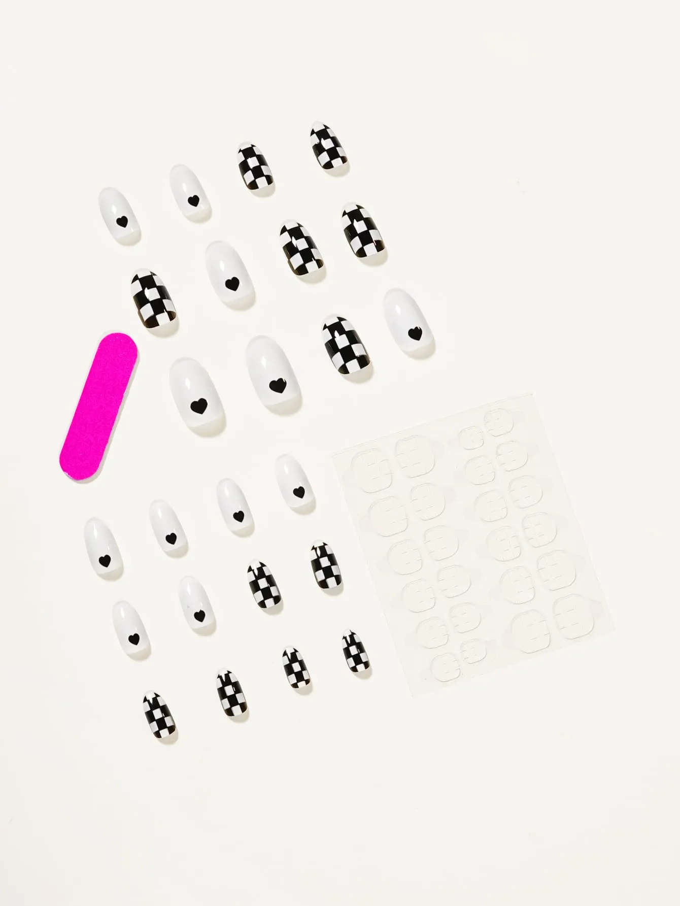 24pcs Checkered Pattern Nail & 1pc Tape & 1pc Nail File - Black and White