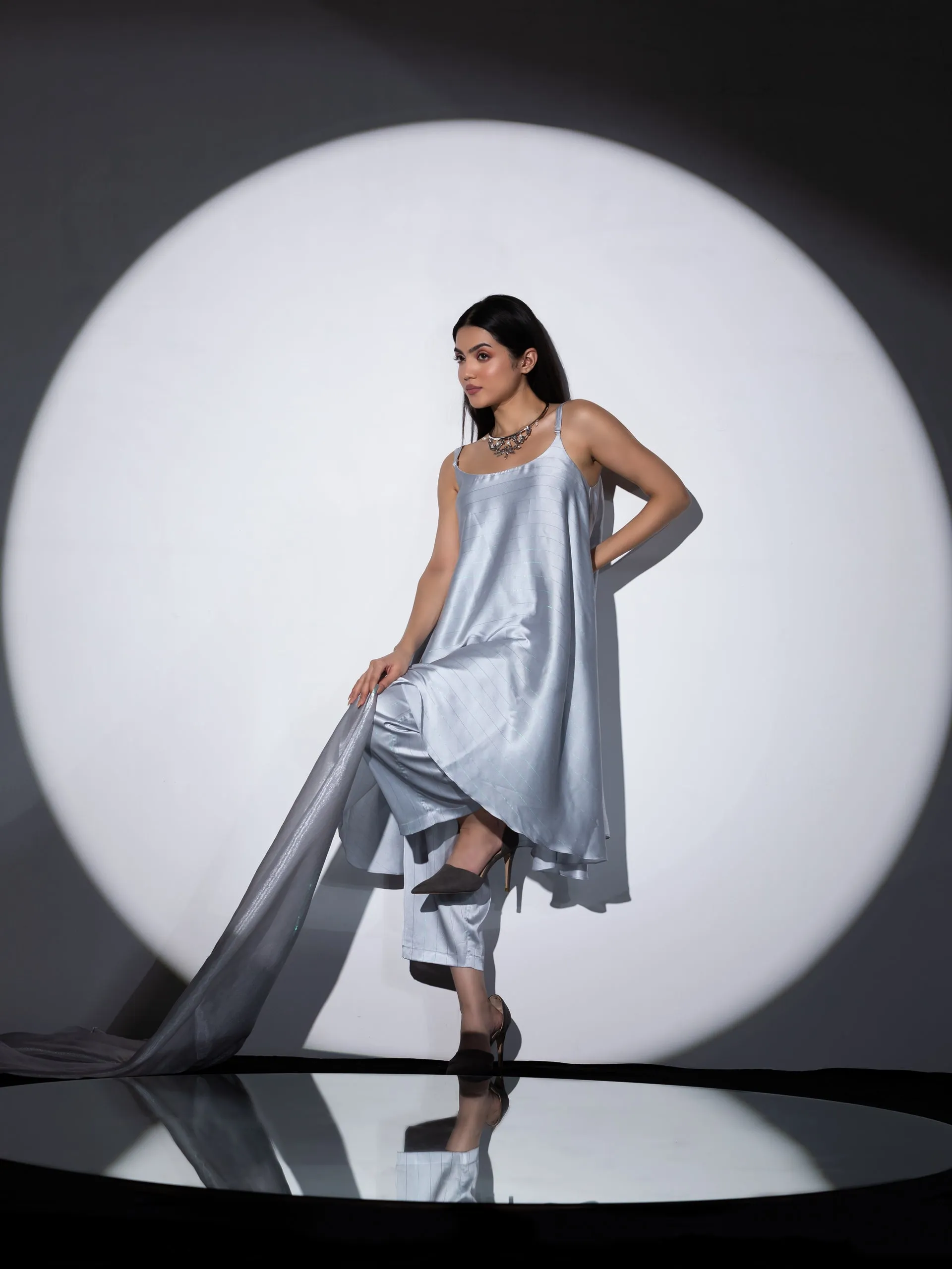 3pc SET - Grey Stripe Satin Dress , Pants and Organza Chiffon Dupatta