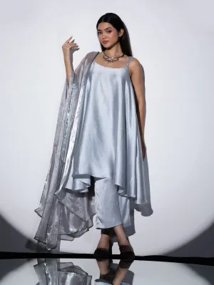 3pc SET - Grey Stripe Satin Dress , Pants and Organza Chiffon Dupatta