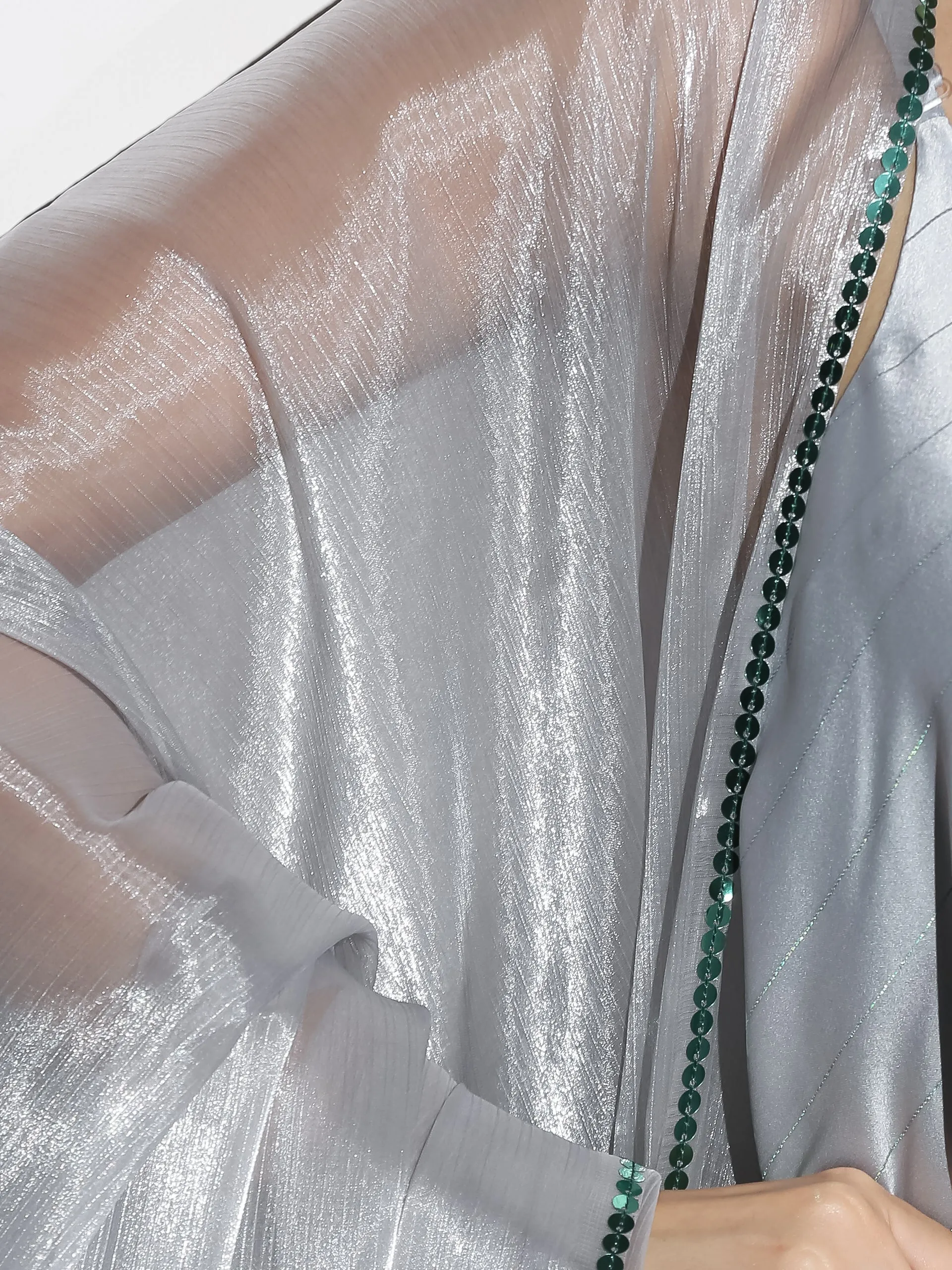 3pc SET - Grey Stripe Satin Dress , Pants and Organza Chiffon Dupatta