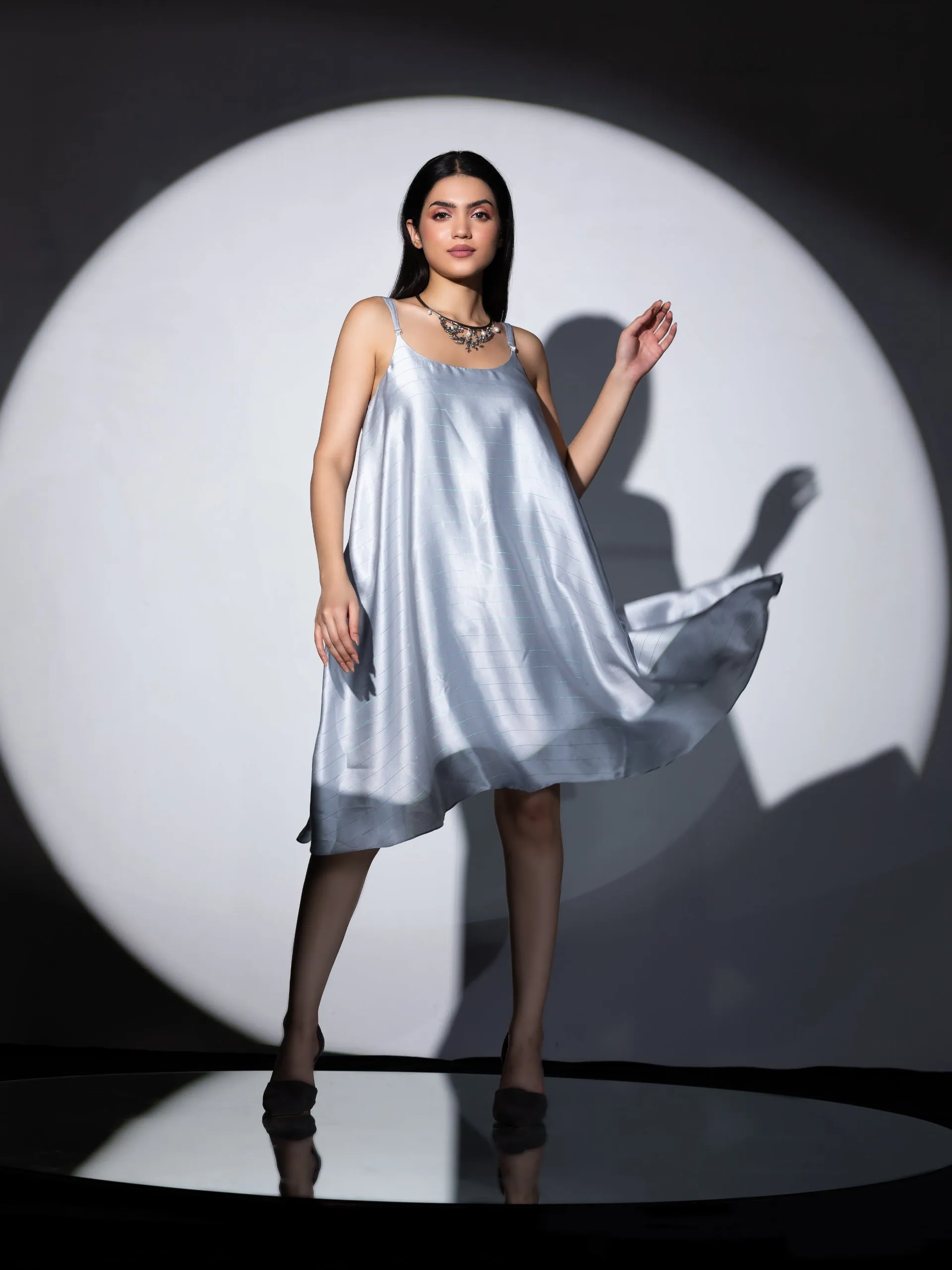 3pc SET - Grey Stripe Satin Dress , Pants and Organza Chiffon Dupatta