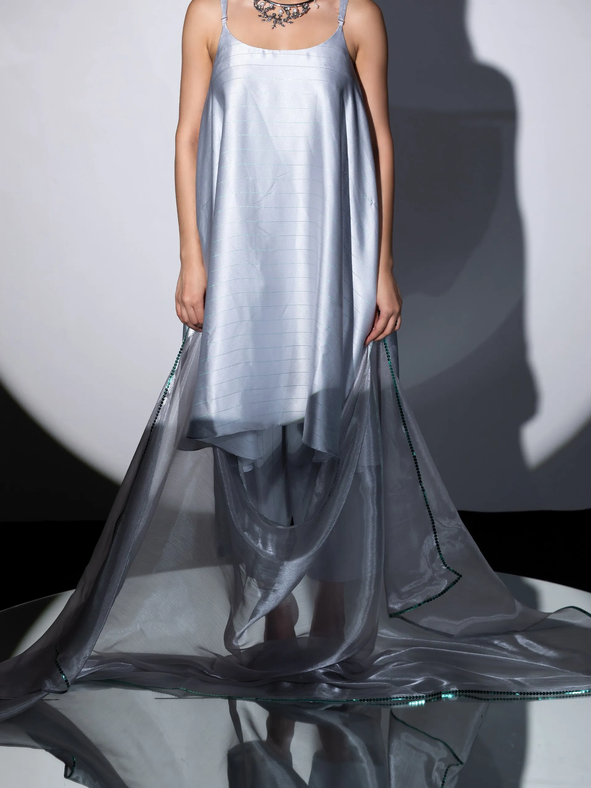 3pc SET - Grey Stripe Satin Dress , Pants and Organza Chiffon Dupatta