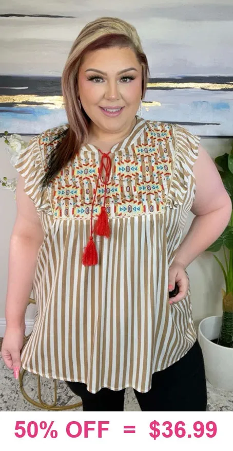 3X : Striped Sleeveless Top with Tribal Embroidery