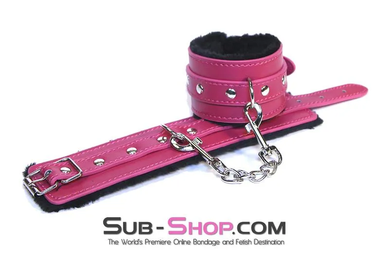 9048DL-SIS      Fur Lined Sex Bomb Pink Wrist Sissy Slut Bondage Cuffs and Chain Set