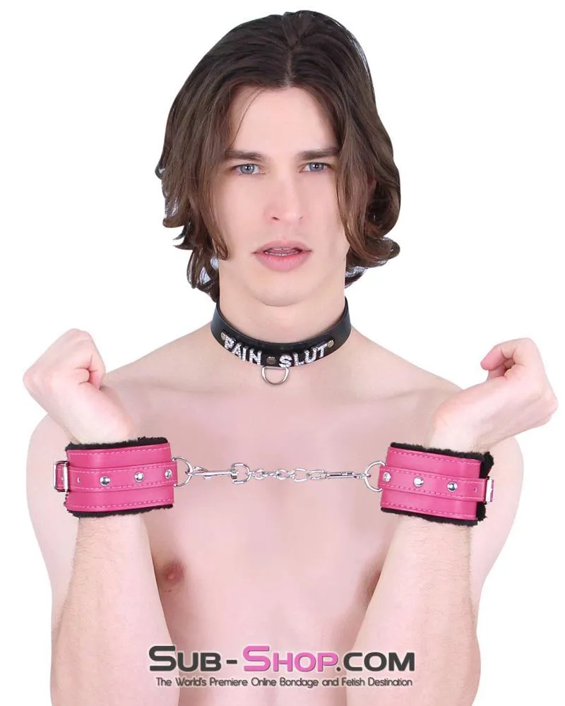 9048DL-SIS      Fur Lined Sex Bomb Pink Wrist Sissy Slut Bondage Cuffs and Chain Set