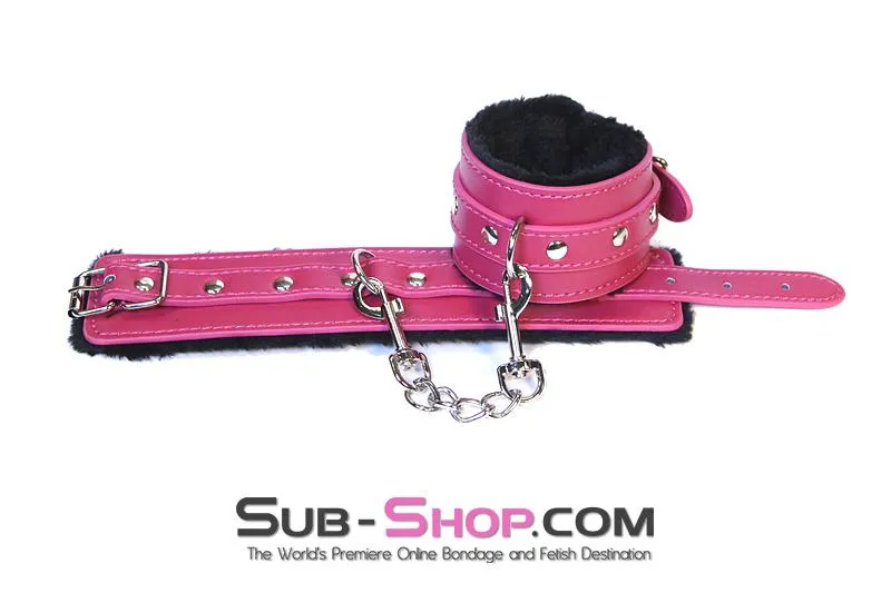 9048DL-SIS      Fur Lined Sex Bomb Pink Wrist Sissy Slut Bondage Cuffs and Chain Set