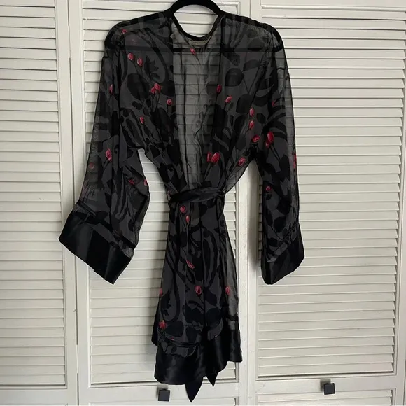 90s Victoria’s Secret robe Sheer Chiffon Black Silky Satin red Floral medium
