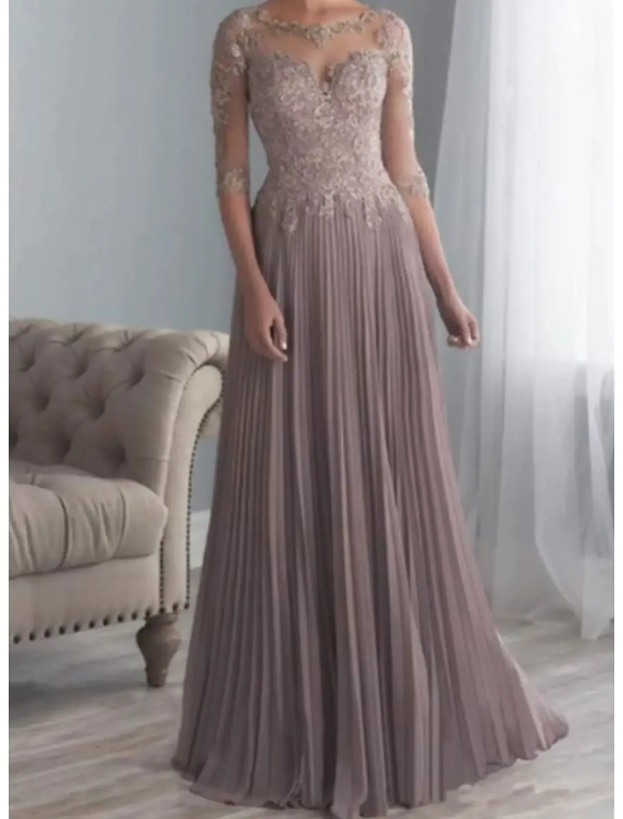 A-line Sheer Bateau Lace Half Sleeve Long Pleats Chiffon Mother of Bride Dress