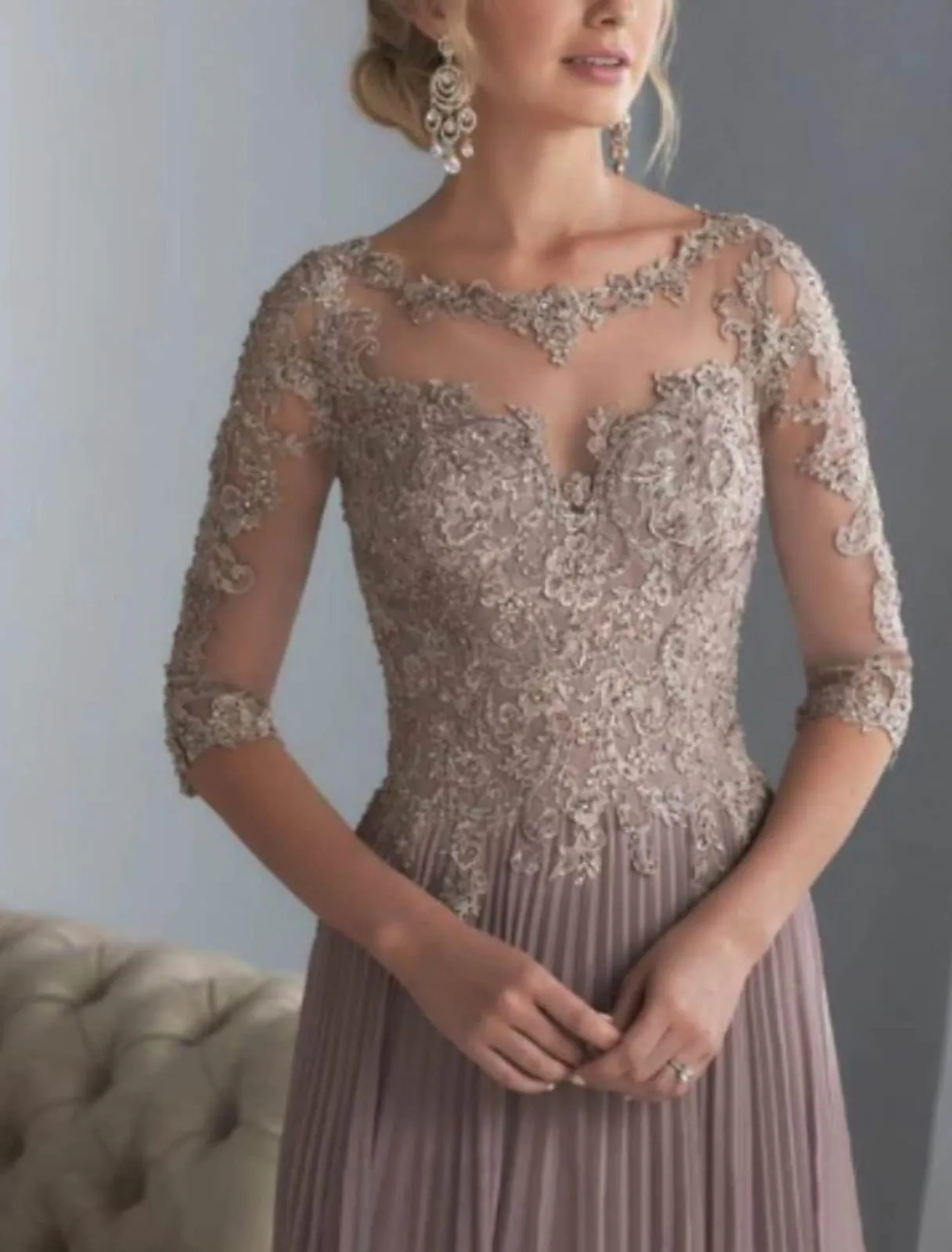 A-line Sheer Bateau Lace Half Sleeve Long Pleats Chiffon Mother of Bride Dress