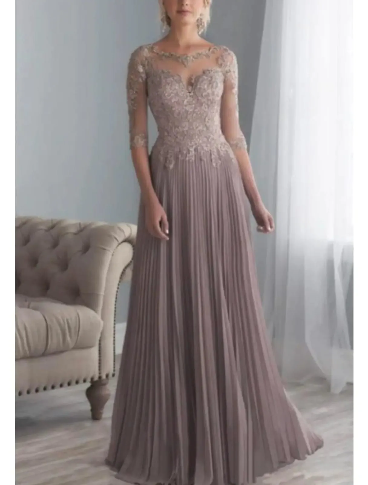 A-line Sheer Bateau Lace Half Sleeve Long Pleats Chiffon Mother of Bride Dress