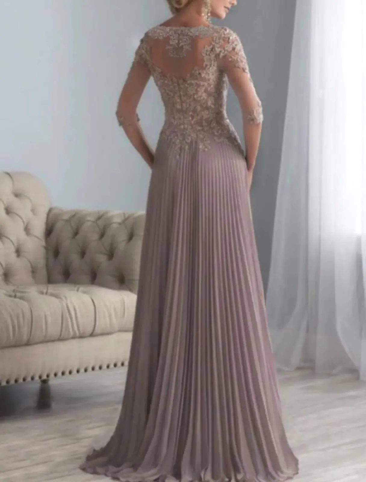 A-line Sheer Bateau Lace Half Sleeve Long Pleats Chiffon Mother of Bride Dress