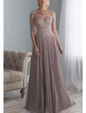 A-line Sheer Bateau Lace Half Sleeve Long Pleats Chiffon Mother of Bride Dress