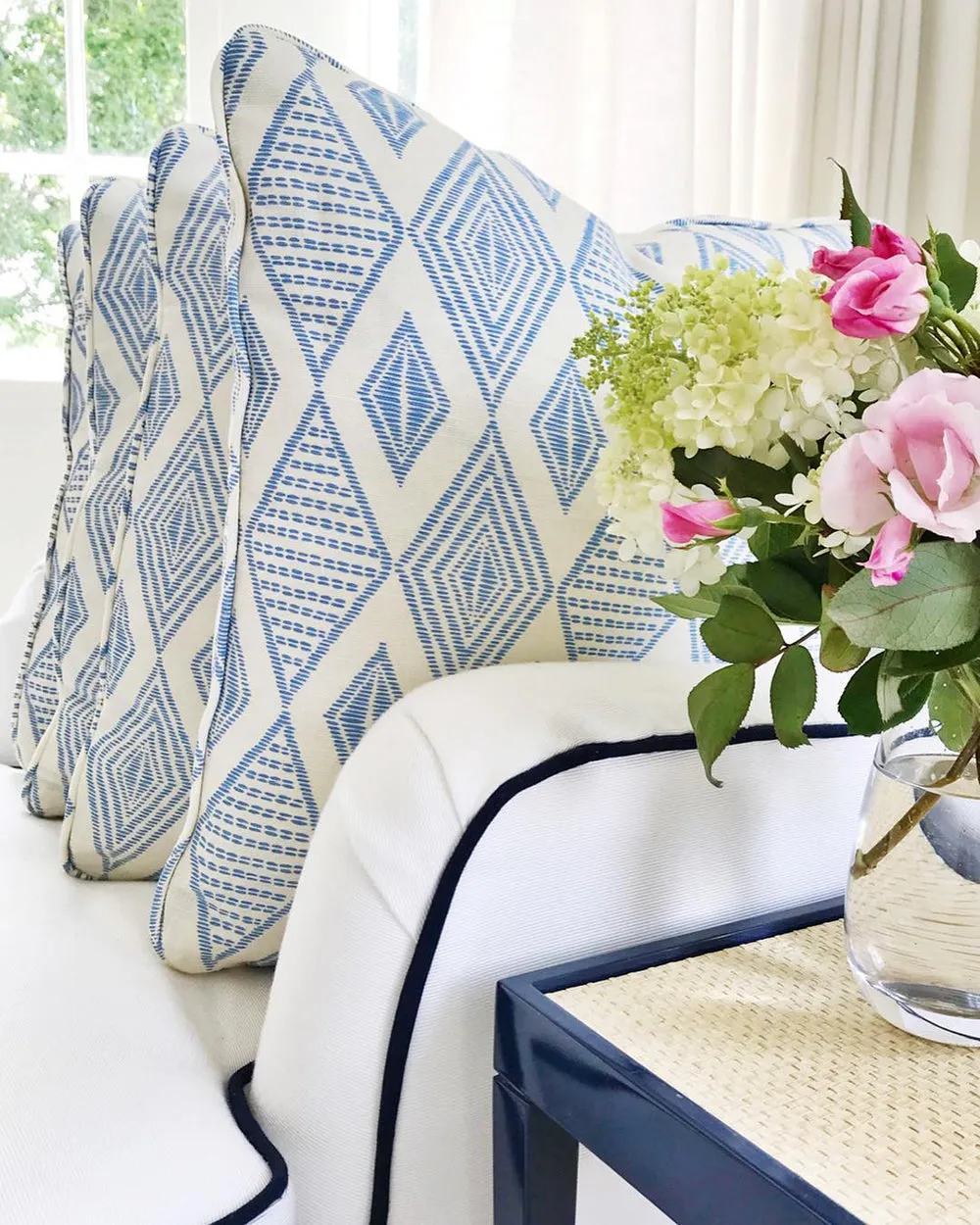 Alan Campbell Fabric: Safari Embroidery - Custom New Navy on Tinted Belgian Linen / Cotton