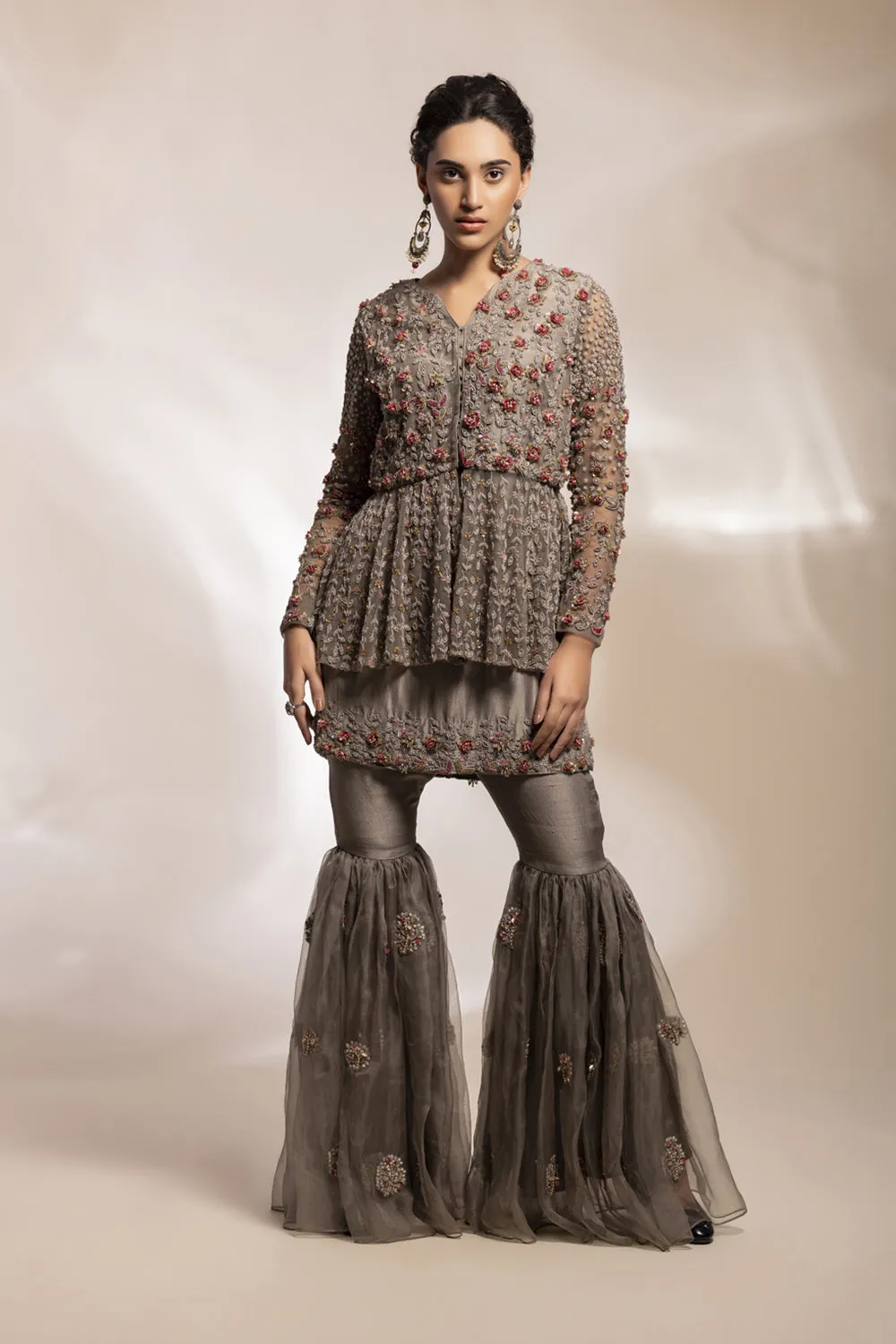 Antique Grey Tulle Peplum Jacket With Embroidered Gharara Ensemble.