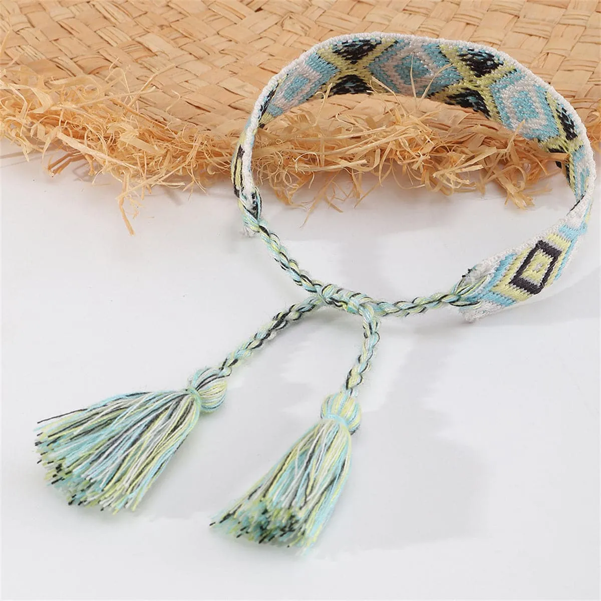 Aqua & Chartreuse Geometric Tassel-Accent Cord Bracelet