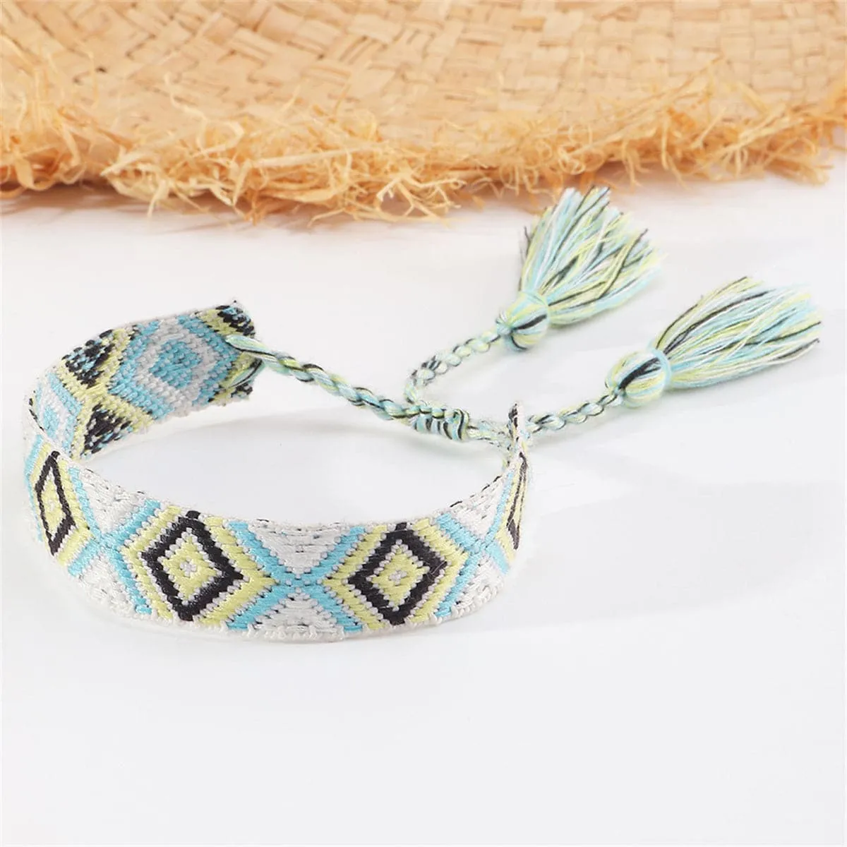 Aqua & Chartreuse Geometric Tassel-Accent Cord Bracelet