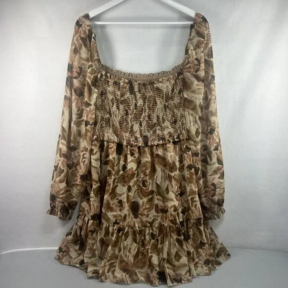 ARITZIA WILFRED Tempest Mini Dress Large L, Long Sleeve Smocked Cowgirl Babydoll