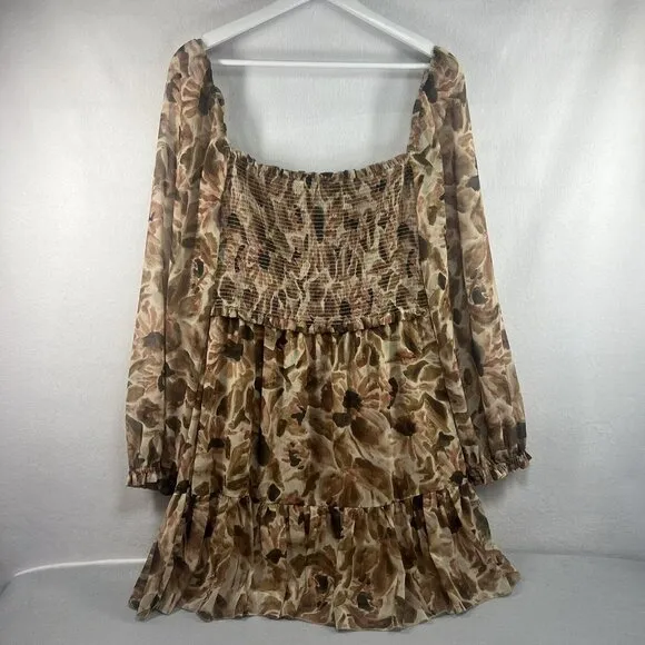 ARITZIA WILFRED Tempest Mini Dress Large L, Long Sleeve Smocked Cowgirl Babydoll