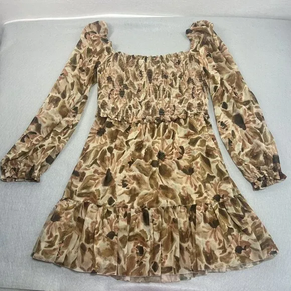 ARITZIA WILFRED Tempest Mini Dress Large L, Long Sleeve Smocked Cowgirl Babydoll