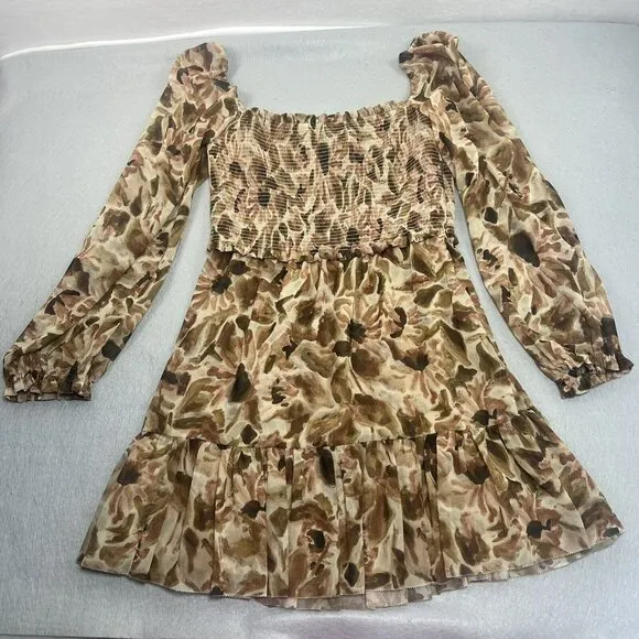 ARITZIA WILFRED Tempest Mini Dress Large L, Long Sleeve Smocked Cowgirl Babydoll
