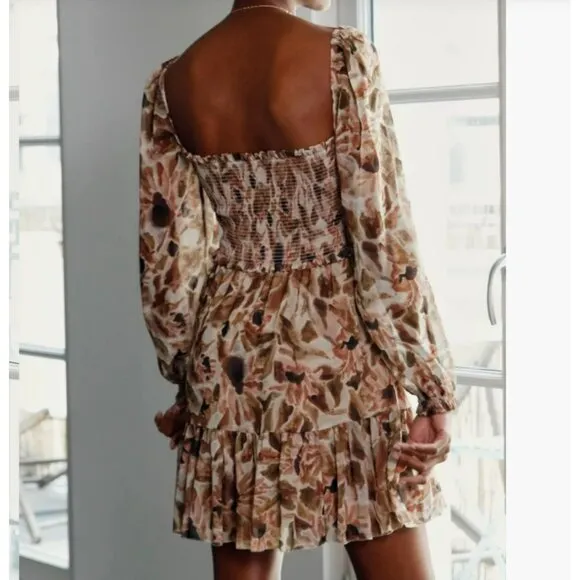 ARITZIA WILFRED Tempest Mini Dress Large L, Long Sleeve Smocked Cowgirl Babydoll
