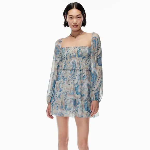 Aritzia Wilfred Tempest Smocked Chiffon Mini Dress