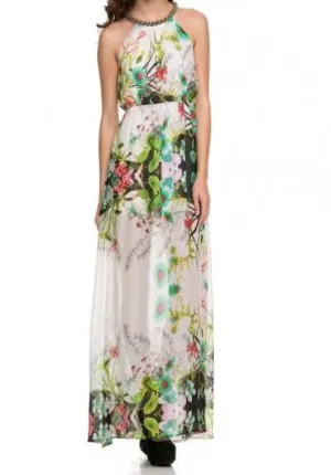Bejeweled Neckline Tropical Print Maxi Dress