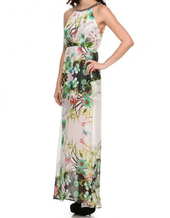 Bejeweled Neckline Tropical Print Maxi Dress