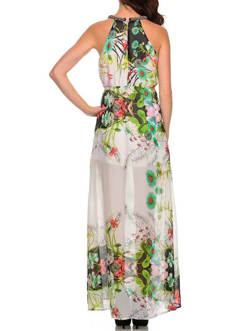 Bejeweled Neckline Tropical Print Maxi Dress